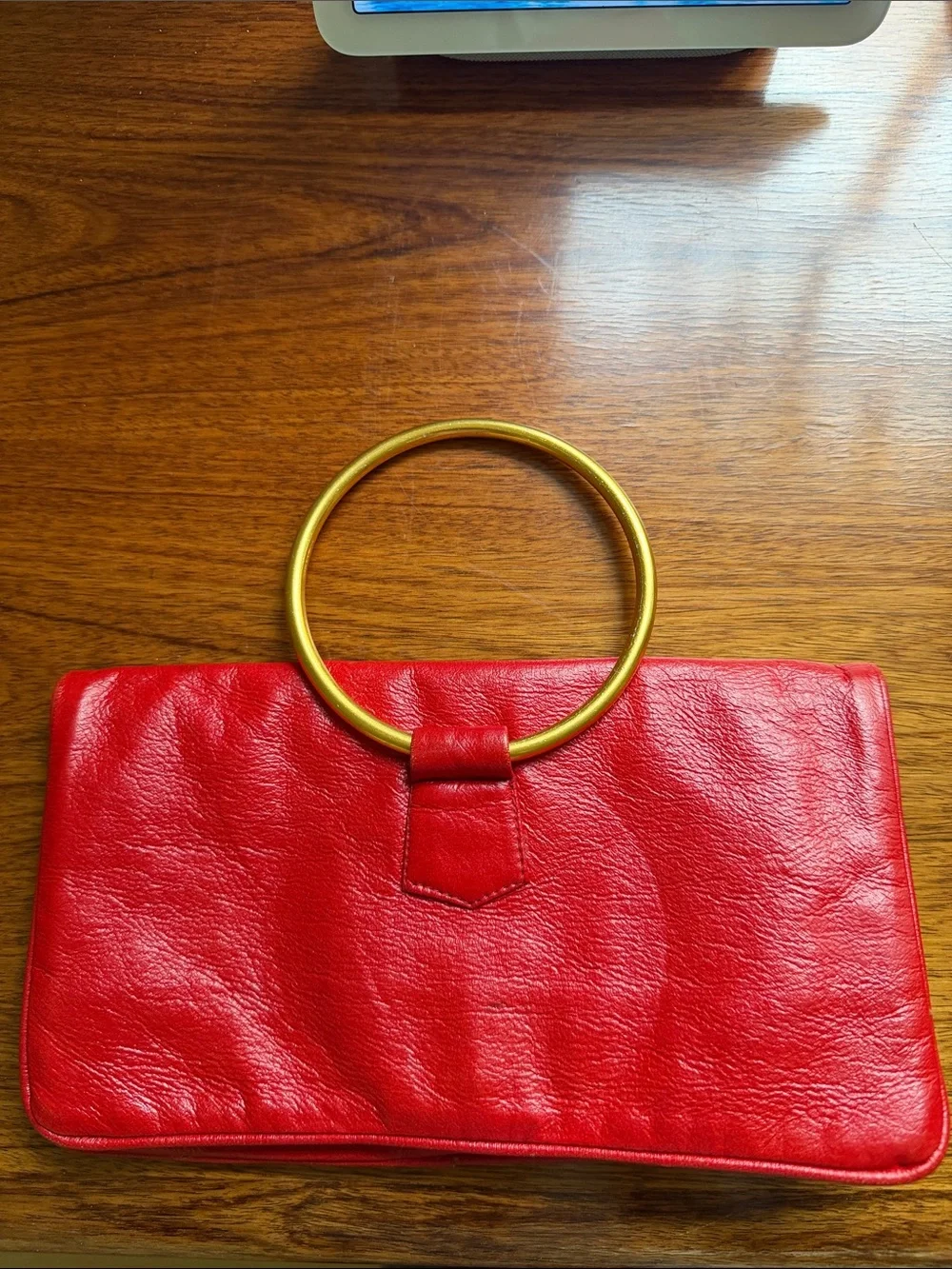 Red Leather Ring-Handle Clutch